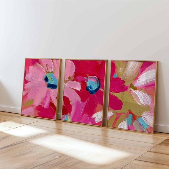 Abstract Floral Wall Art Modern Botanical Bold Pink Blue Flower Contemporary Set 3 Unframed Paper Print 8x12