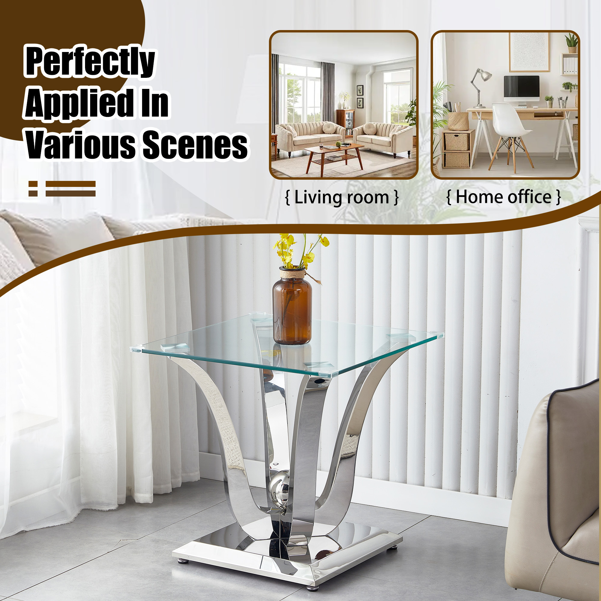 23.62" Square Glass End Table with Tempered Glass Top and Modern U-Shaped Stainless Steel Base, Perfect for Living Room and Bedroom