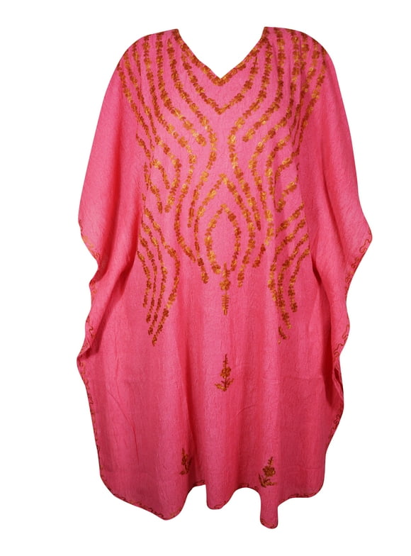 Mogul Women Embroidery Mid Length Caftan Dress V-Neck Kimono Sleeves Resort Wear Cover Up Hot Pink Tunic Kaftan Dresses 2XL