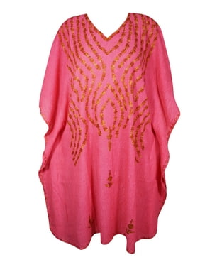 Mogul Women Embroidery Mid Length Caftan Dress V-Neck Kimono Sleeves Resort Wear Cover Up Hot Pink Tunic Kaftan Dresses 2XL