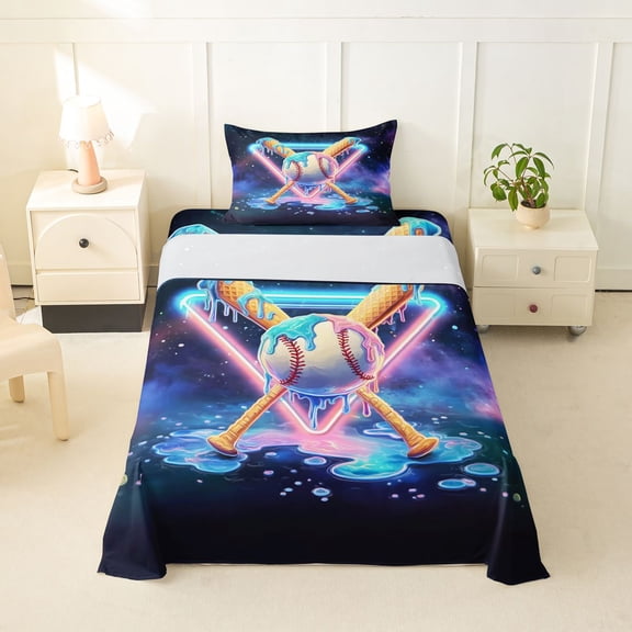 Feelyou Dripping Ice Cream Baseball Twin Sheets for Kids, Neon Triangle Galaxy Art Bedding, Pink Blue, 3 Pieces, 1 Flat Sheet, 1 Fitted Sheet and 1 Pillowcase
