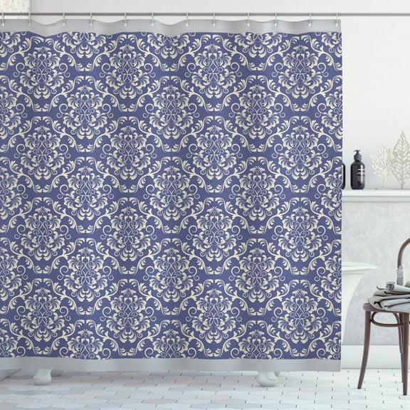 Ambesonne Renaissance Shower Curtain, Rococo Floral Damask, 69"Wx70"L, Violet Blue Cream