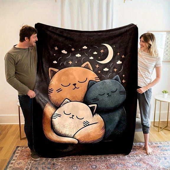 HELLOYOUNG Cat Blanket Quilted Plush Bedspread - Soft Warm All-Season Bed Cover for Home Camping Travel, Cozy Goodnight Sleeping Cats & Starry Night Design, Machine Washable Gift for Cat Lovers