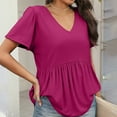 thumbnail image 4 of TQWQT Peplum Tops for Women Trendy Vneck Babydoll Short Sleeve Tunic Top Solid Color Flowy Shirt Puff Sleeve Blouses Beach Vacation Clothes Hot Pink XL, 4 of 5