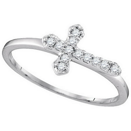 Set Round Diamond Cross - Size - 7 - Solid 10k White Gold Round White Diamond Channel Set Cross Fashion Ring (1/8 cttw)