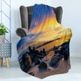thumbnail image 4 of Sunset Soft Flannel Fleece Throw Blanket, Horizon Sky at the Beach with Rocks Surreal Tropical Serene Landscape, Cozy Plush for Indoor and Outdoor Use, 50" x 60", Royal Blue Marigold, by Ambesonne, 4 of 5