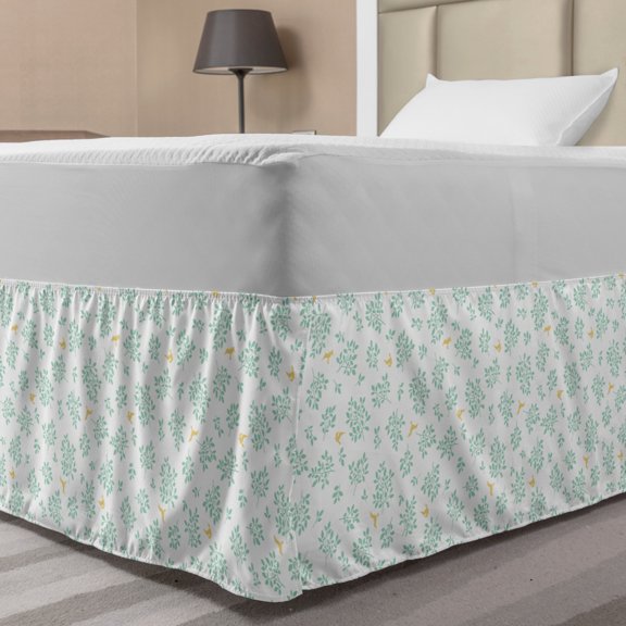 Pastel Bed Skirt, Pastoral Print of Garden Leaves and Birds Scattered Forest Elements, Elastic Bedskirt Dust Ruffle Wrap Around for Bedding Decor, 4 Sizes, Almond Green Dark Yellow, by Ambesonne