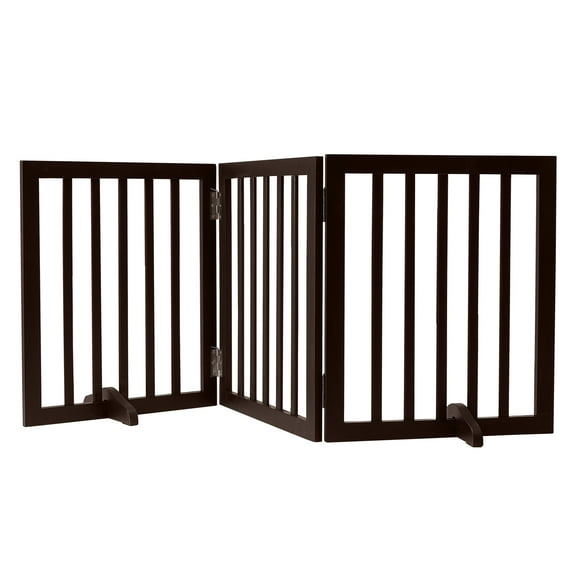 KFFKFF Self-Standing Canine Barrier, 24" Height x 60" Width, 3-Panel Folding Pet Fence, Adaptable for Broad or Slim Pathways, Quiet Base Feet, Indoor Use, in Brown