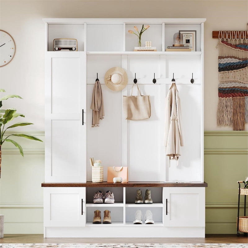 Farmhouse 3-in-1 Hall Tree with 6 Hooks, Versatile Storage Bench with Cabinets and Open Compartments, Entryway Coat Rack