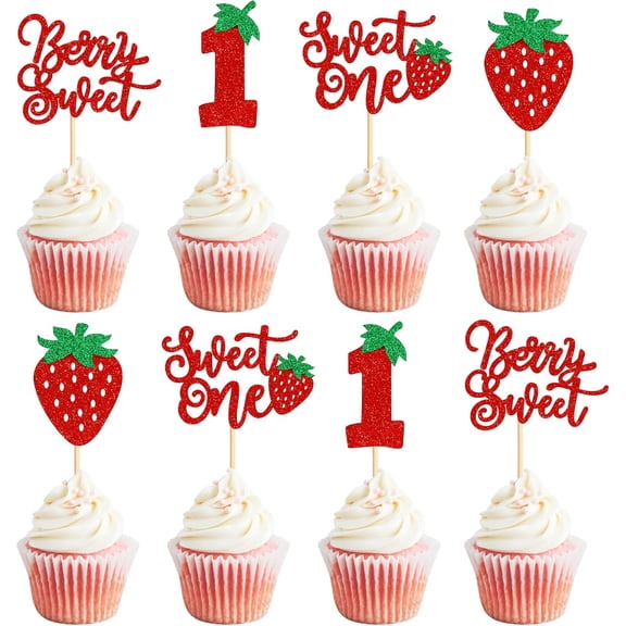 Red Glitter Strawberry Themed 1st Birthday Cupcake Toppers, 12 Pack Picks with Berry Sweet, Sweet One & Number 1, Strawberry Party Cake Decor Supplies