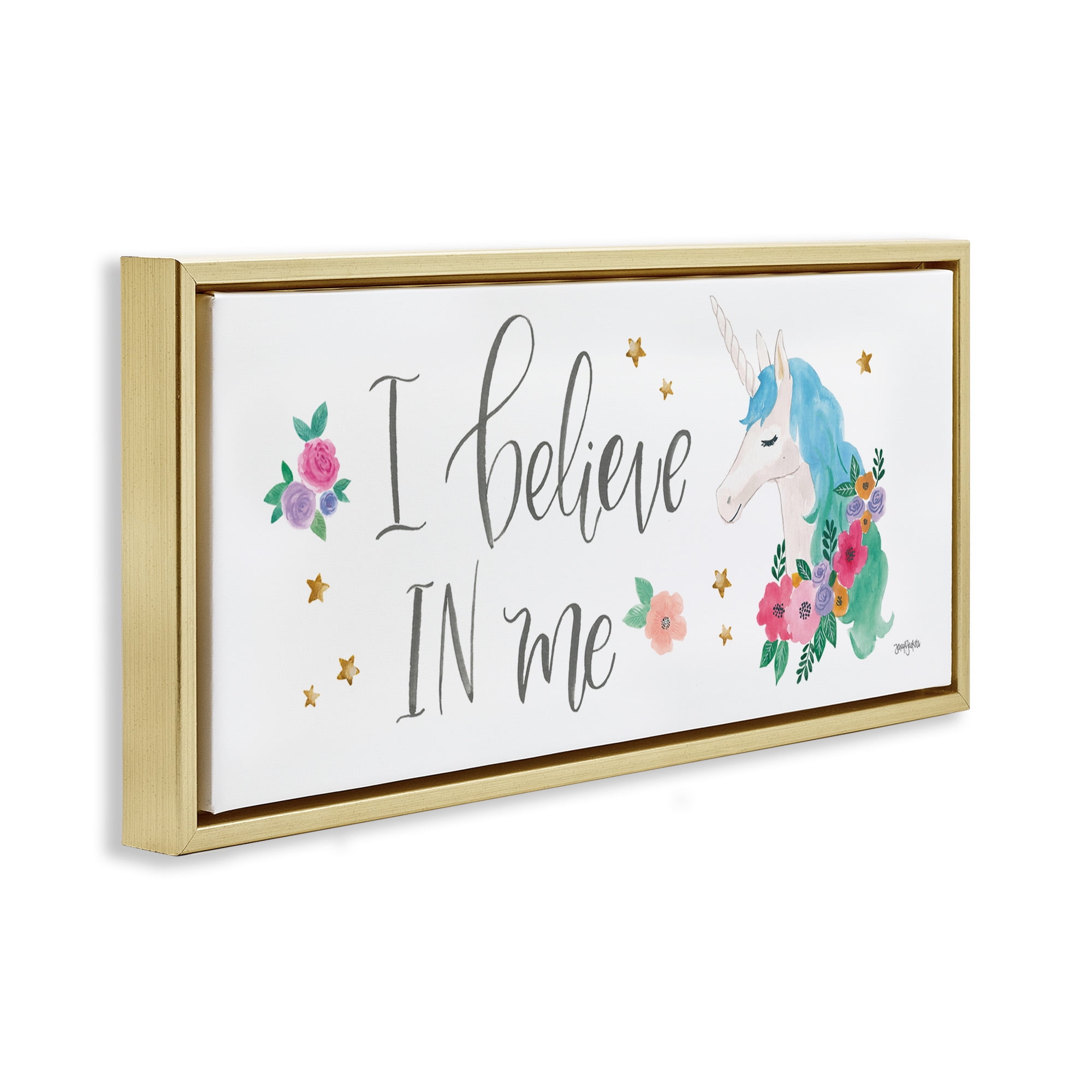 Stupell Industries Believe In Me Blue Unicorn Art for Kids Painting Gold Floater Framed Canvas Art Print Wall Art, 31 x 14