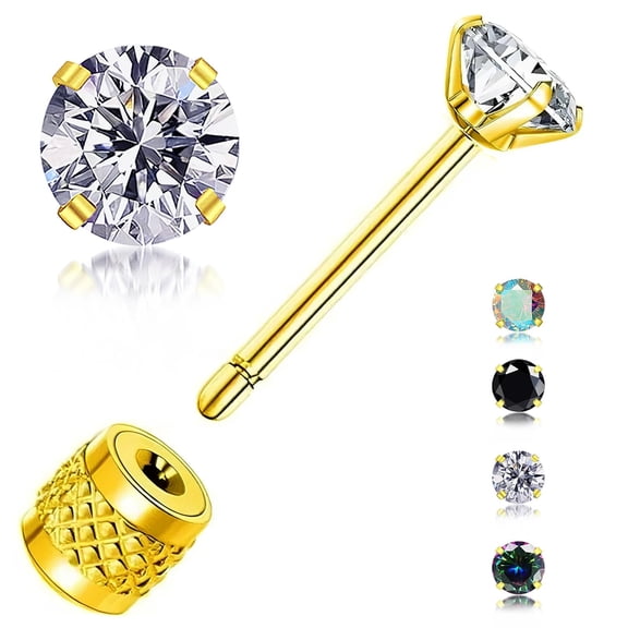 Threadless Push-in Flat Back Earrings – 4 Pairs Gold-Plated Hypoallergenic Titanium Surgical Steel Stud Earrings Set with Multicolor Cubic Zirconia for Women Men