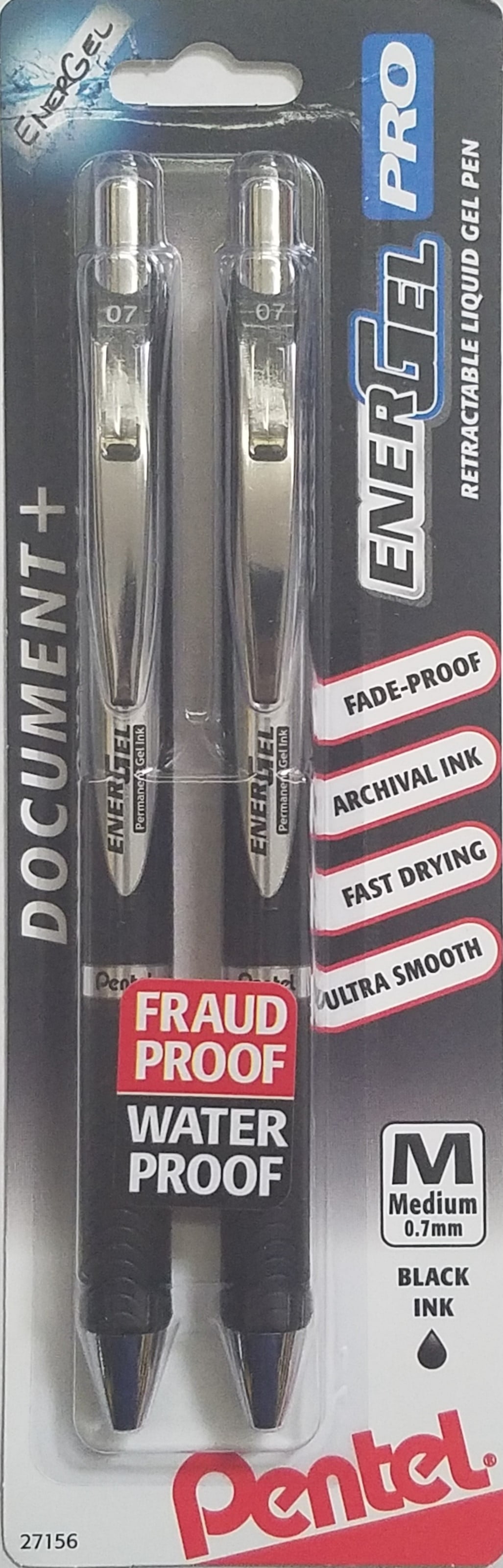 Pentel EnerGel PRO Permanent Gel Pen, (0.7mm) Medium Line, Black Ink, 2-Pk