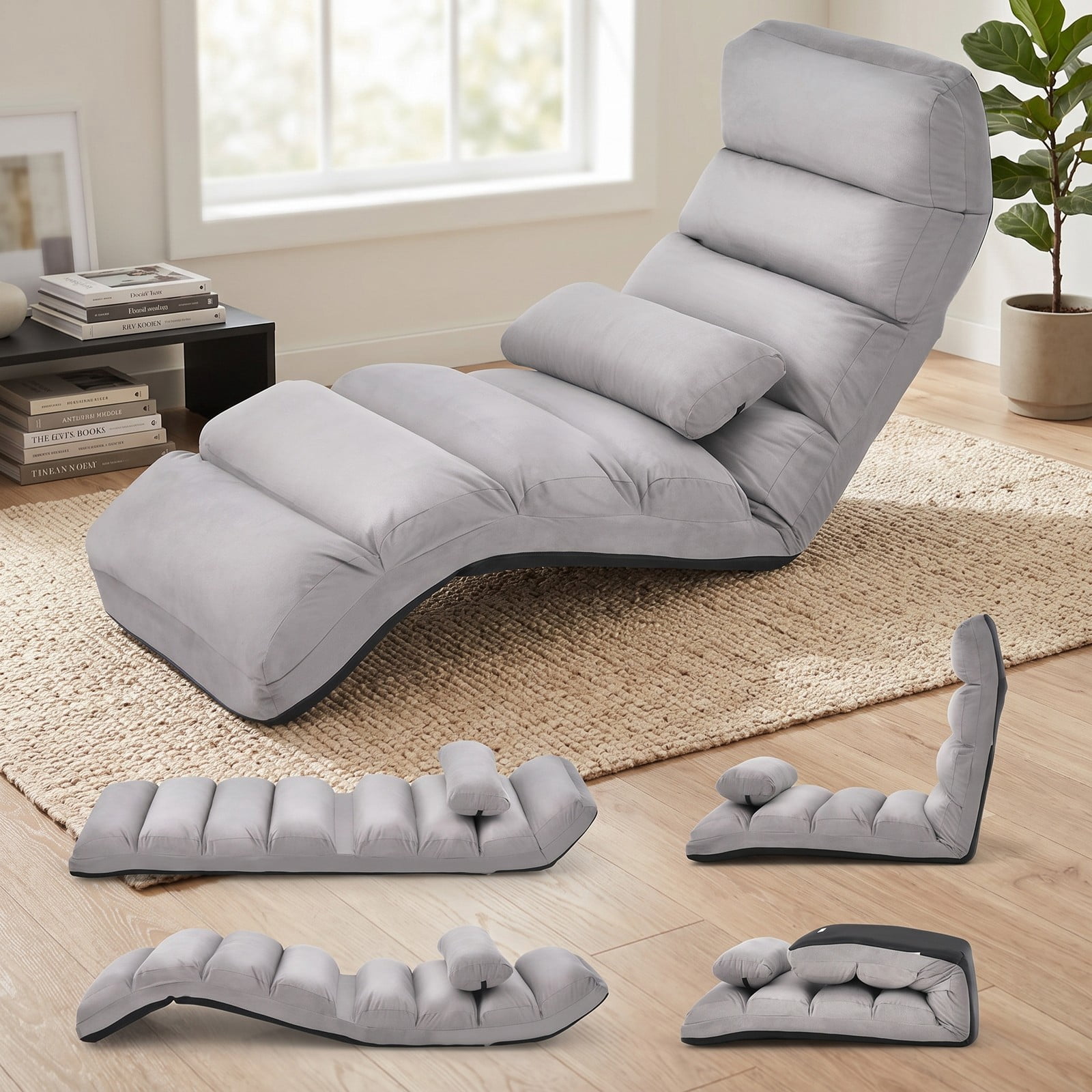 Furnibear Folding Lazy Sofa Floor Chair, 5-Position Adjustable Faux Suede Padded Recliner Lounger with Steel Frame and Free Pillow for Gaming Reading TV, Gray