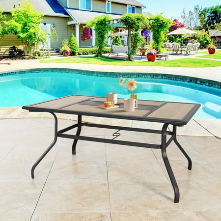 Ulax Furniture 6-Person 60 Long Outdoor Dining Table Patio Rectangular Wooden Like Top Garden Table with Umbrella Hole