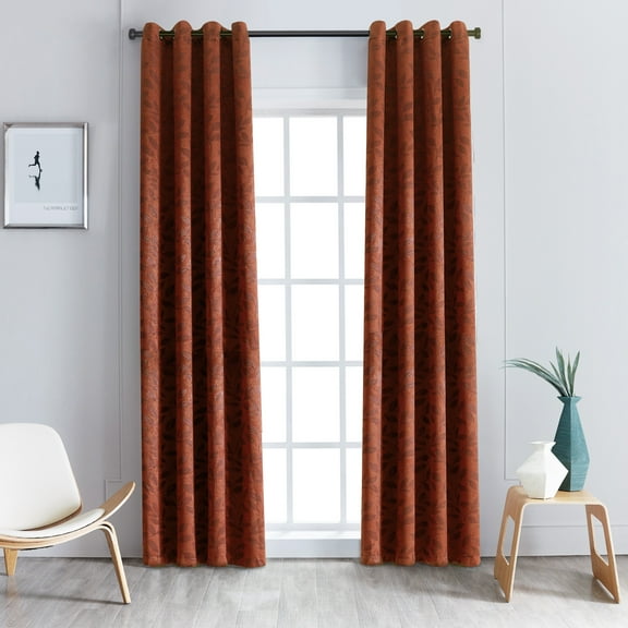 Leaves Room Darkening Noise Reducing Jacquard Leaf Blackout Curtain Set Antique Copper / 52"x108"