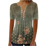 ZQGJB Western Shirts for Women Loose Fit Casual Ethnic Floral Pattern Print Short Sleeve Button up V Neck Pullover Blouse Trendy Pleated T-Shirt Tops Army Green XL