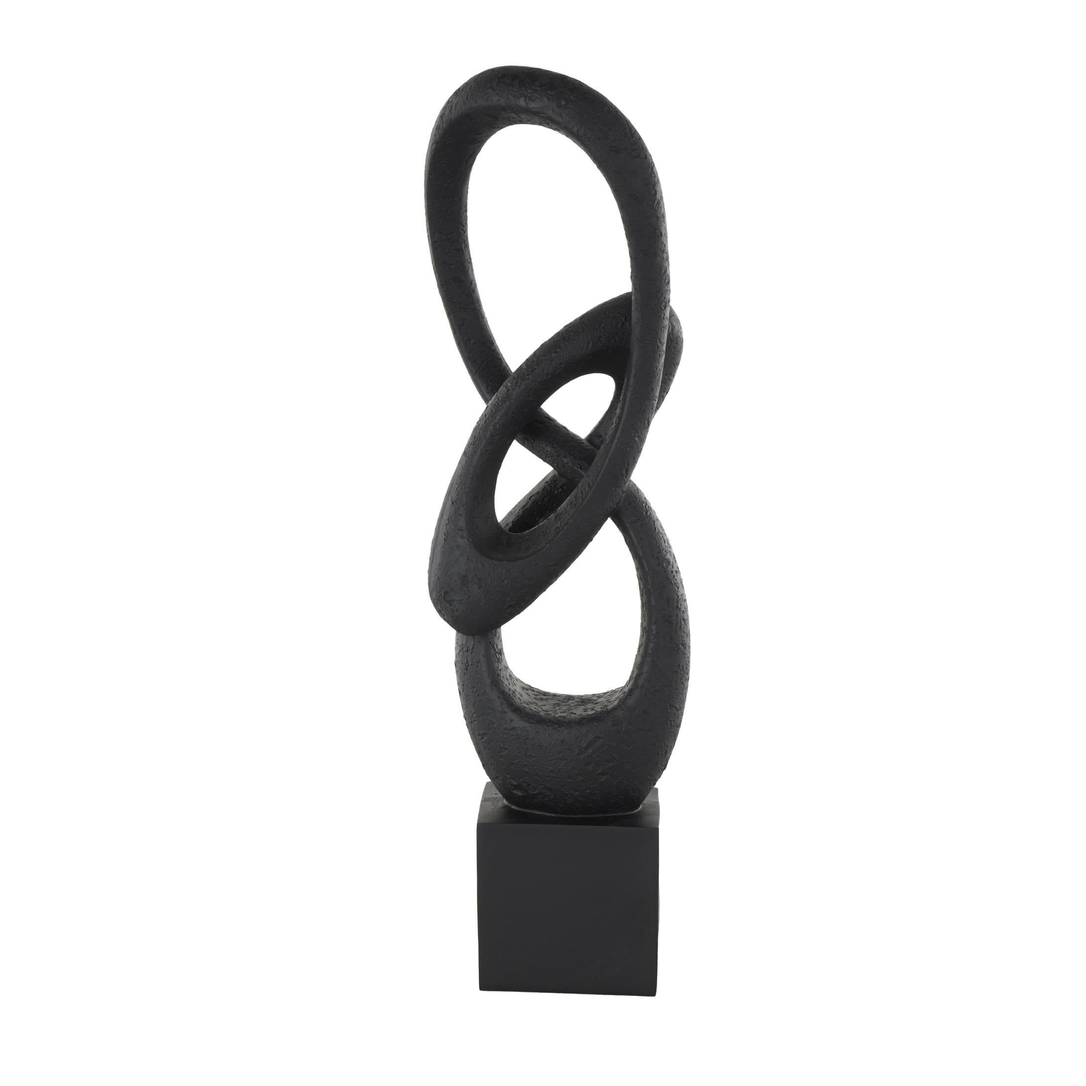 6" x 20" Black Polystone Intertwined Loop Abstract Sculpture with Block Base, by DecMode