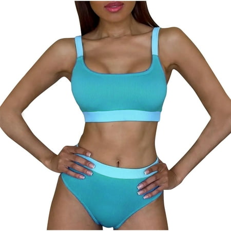 USNSM Women s Two-Piece Ribbed Swimsuit Color Block Patchwork Bikini Top with High Waist Bottom Sexy Crew Neck Bathing Suit Blue S