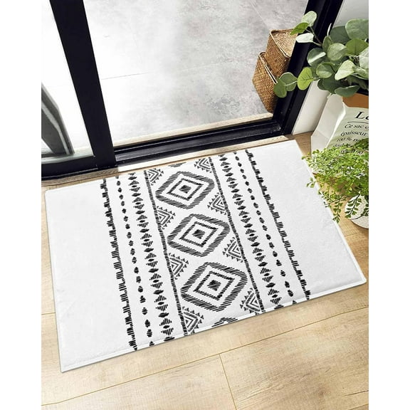 Shag Bath Rugs Boho Retro Black Geometric Pattern Plush Soft Fluffy Doormat Floor Carpet,Non-Slip Living Room Bedroom Kitchen Entryway Door Mats Tribal Stripes on White