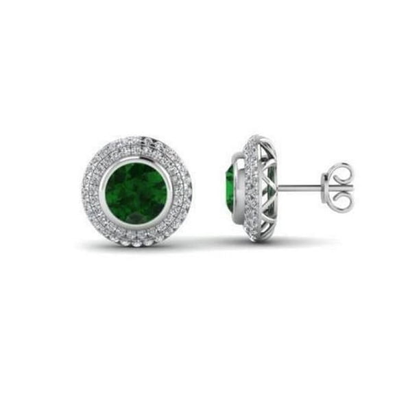 Harry Chad Enterprises 57232 Round Emerald & Diamond 5.90 CT Stud Halo Earrings, 14K White Gold