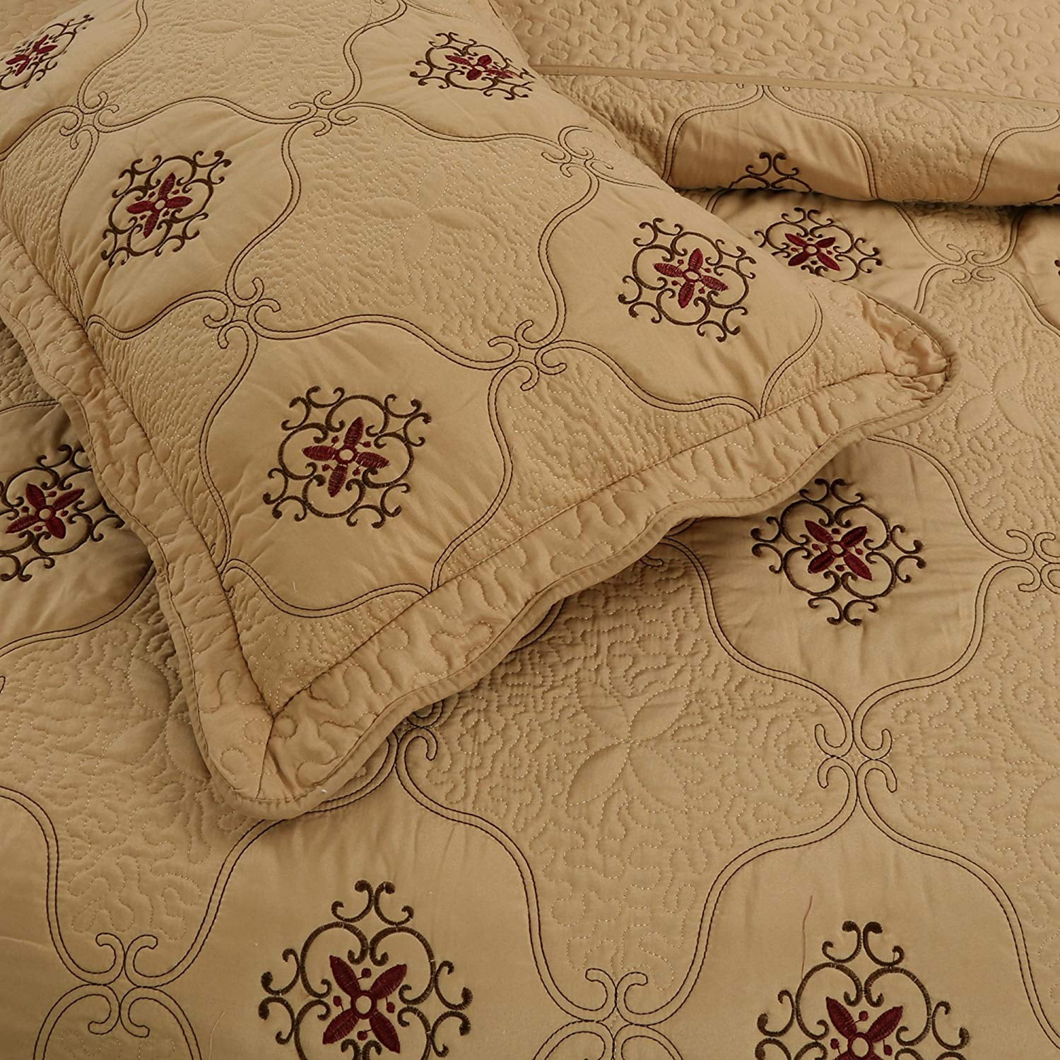 MarCielo 3-Piece Fully Quilted Embroidery Quilts Bedspreads Bed Coverlets Cover Set, Burgundy, Brown, Emma(Queen Size, Taupe)