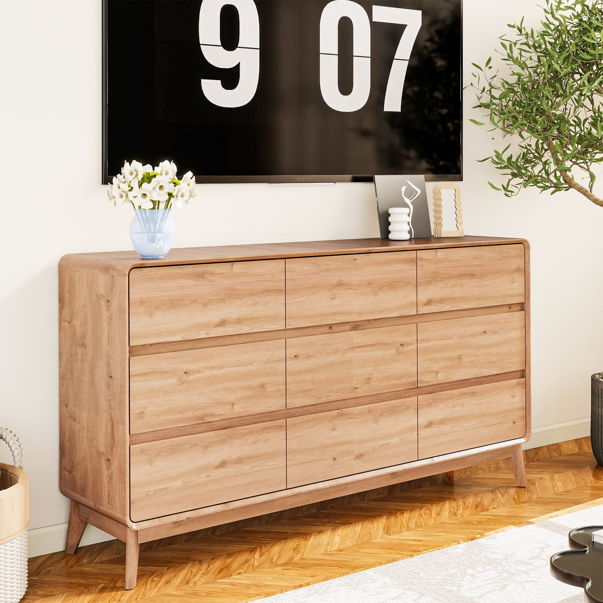FIAKOA 9 Drawer Dresser for Bedroom, 63” W. Wood Farmhouse Tall Storage Chest of Drawers for Livingroom, Oak
