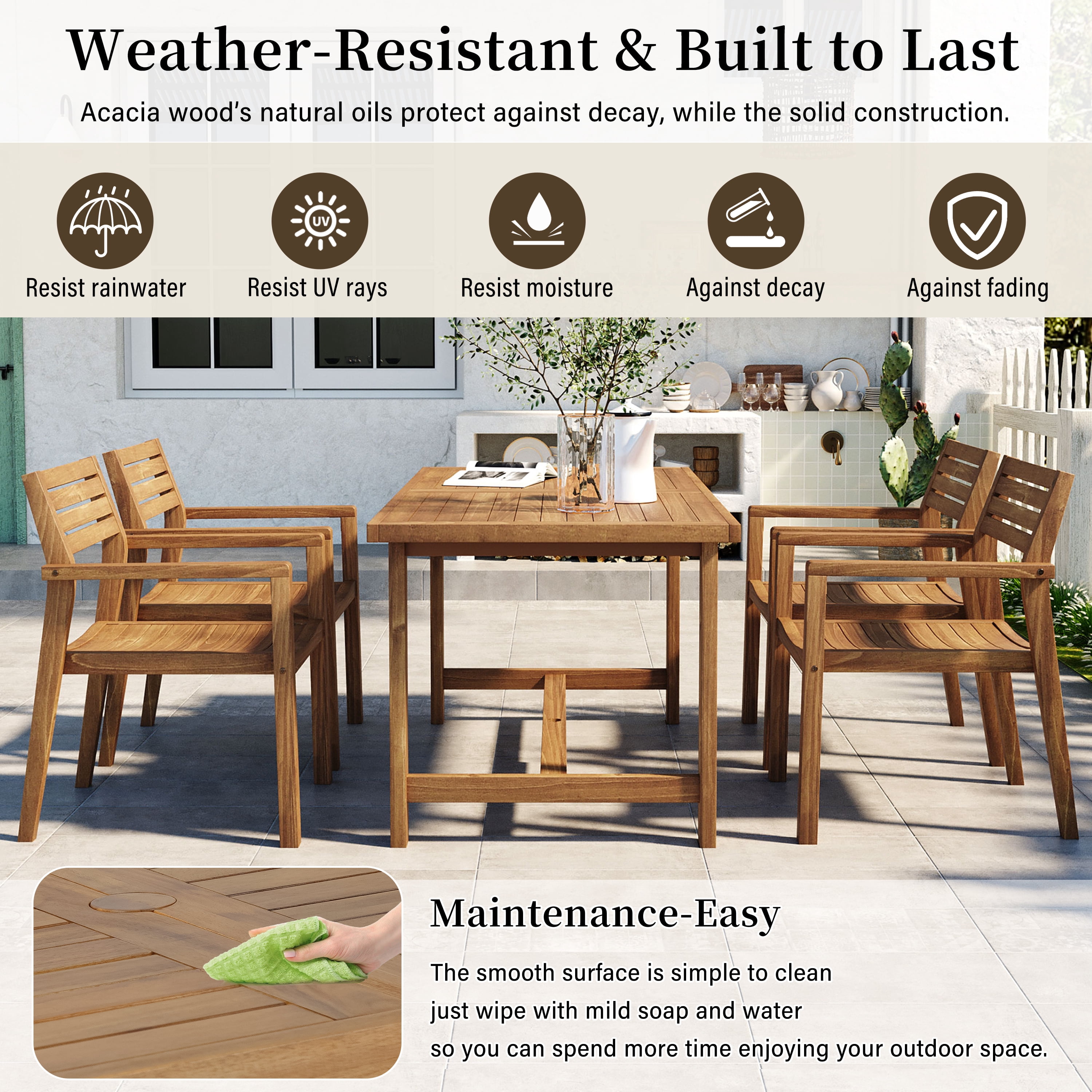 Mintazer 59" 5-Piece Outdoor Dining Set with Chairs & Umbrella Hole, Patio Furniture Set for Garden Backyard Poolside, Natural Brown