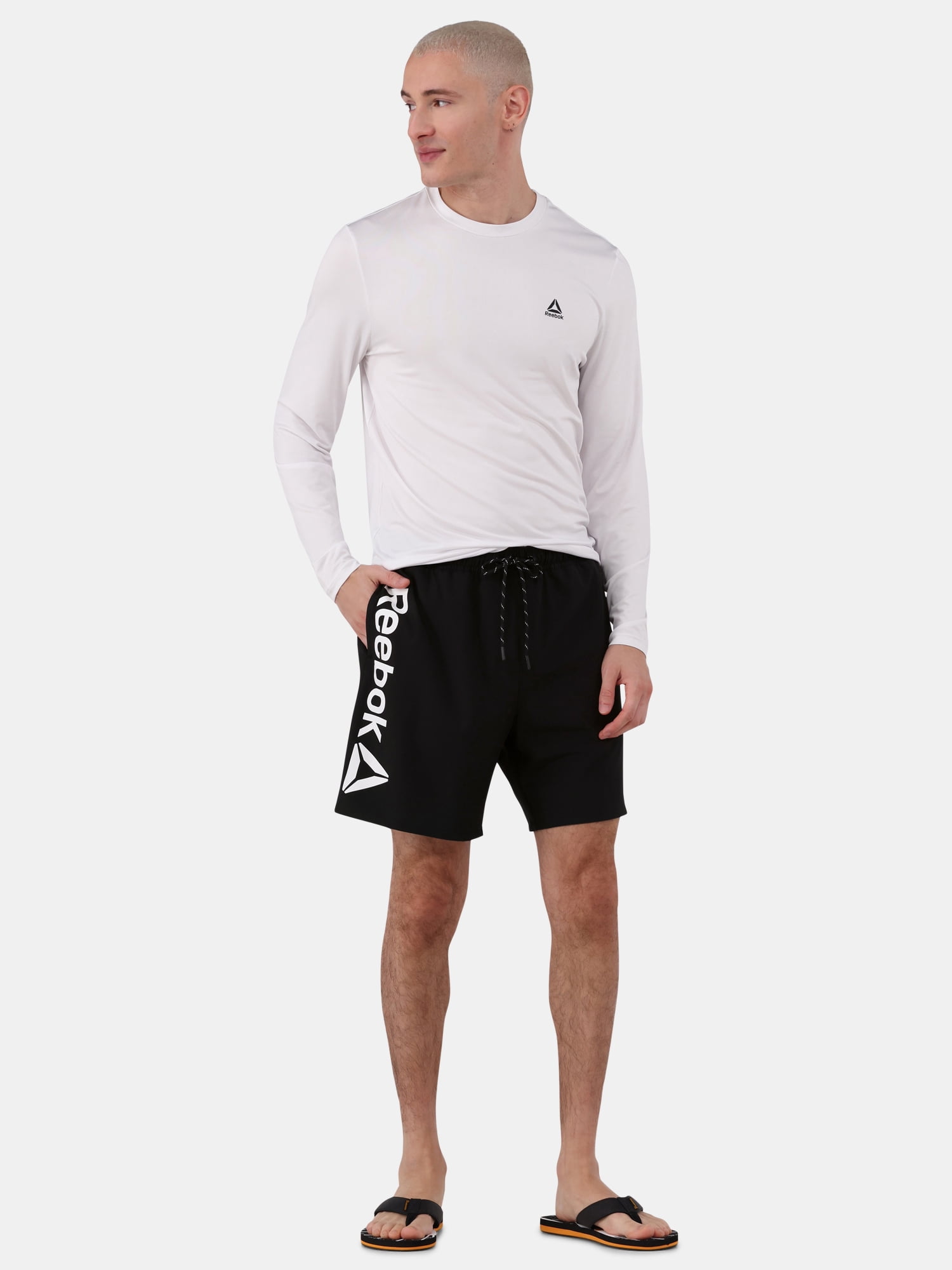 Reebok Men's & Big Men's Solid Logo Swim Trunks with Compression Liner and UPF 50+, 7" Inseam, Sizes S-2XL