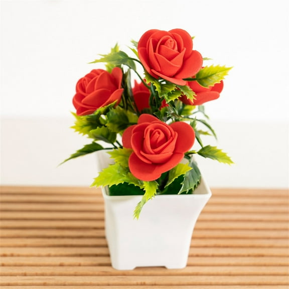 Hmgxay Foam Rose Miniature Bonsai, Faux Rose Small Potted Flowers for Home Decor, Imitation Floral Arrangement for Office Desktop, Artificial Flower Pot for Tabletop Decoration(Red)