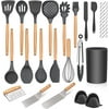 Homikit 30 Piece Kitchen Cooking Utensils with Holder, Heat resistant Silicone Spatula Set for Nonstick Cookware, Plus Metal Cooking Spatula Turner Dough Scraper, Wooden Handle, Black Gray