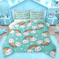 Homewish Funny Cloud Rainbow Bedding Comforter Set, Kawaii Cartoon Stars Twin Comforter Sets, Teens Kids Boys Girls Reversible Bedding Set, Super Cozy Room Decor, 2-Piece