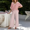 thumbnail image 6 of Maqroz Women 2 Piece Outfits Sets Summer Striped Print Short Sleeve V Neck Top and Striped Pants Set Elastic Waist Pockets Casual Vacation Sets Pink XXXL, 6 of 7