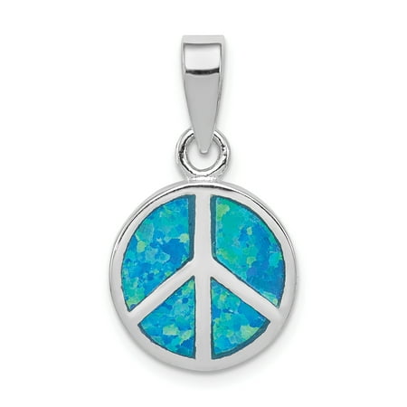 925 Sterling Silver Blue Inlay Created Opal Peace Sign Pendant Charm Necklace