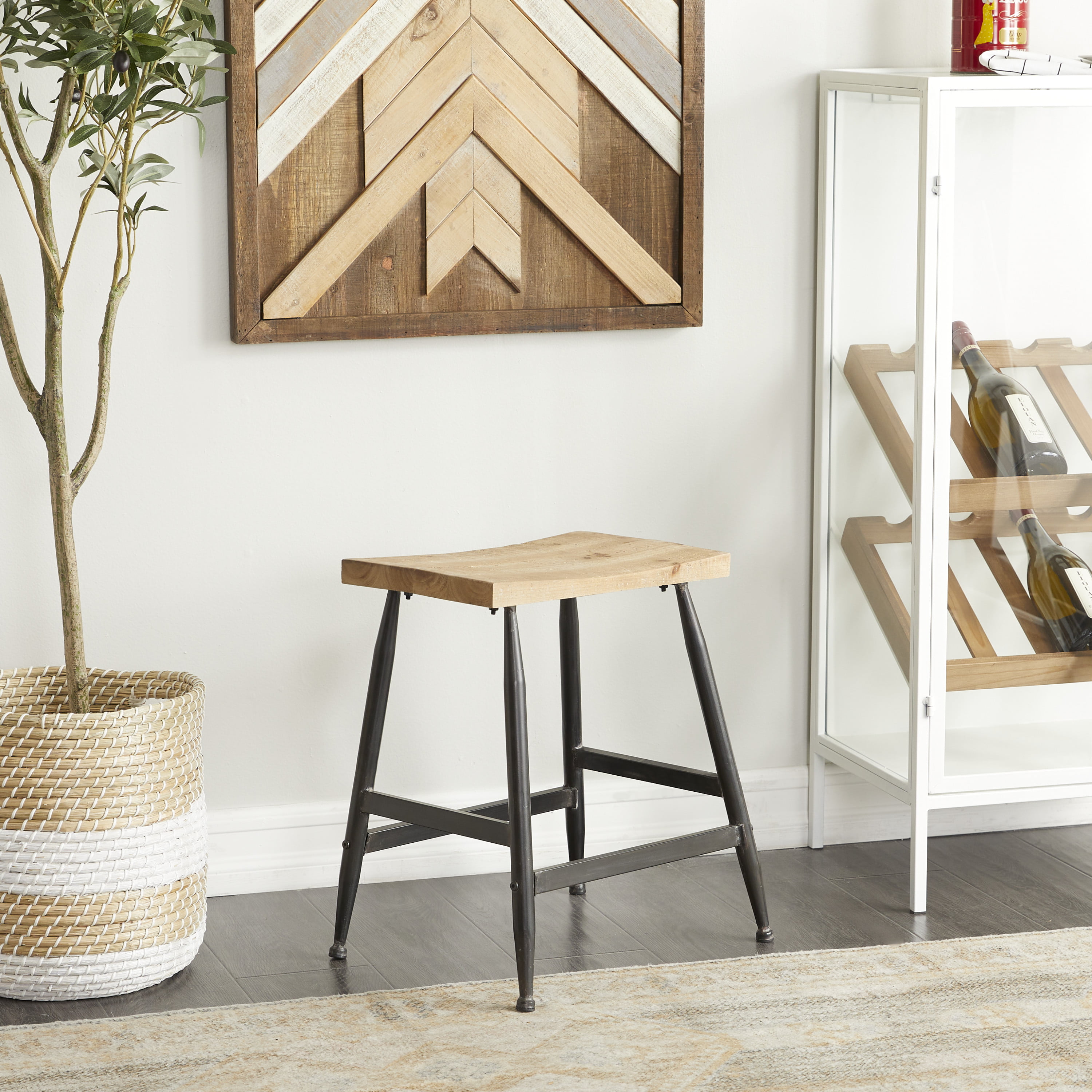 DecMode 18" x 19" Black Metal Counter Stool with Brown Wood Top, 1-Piece