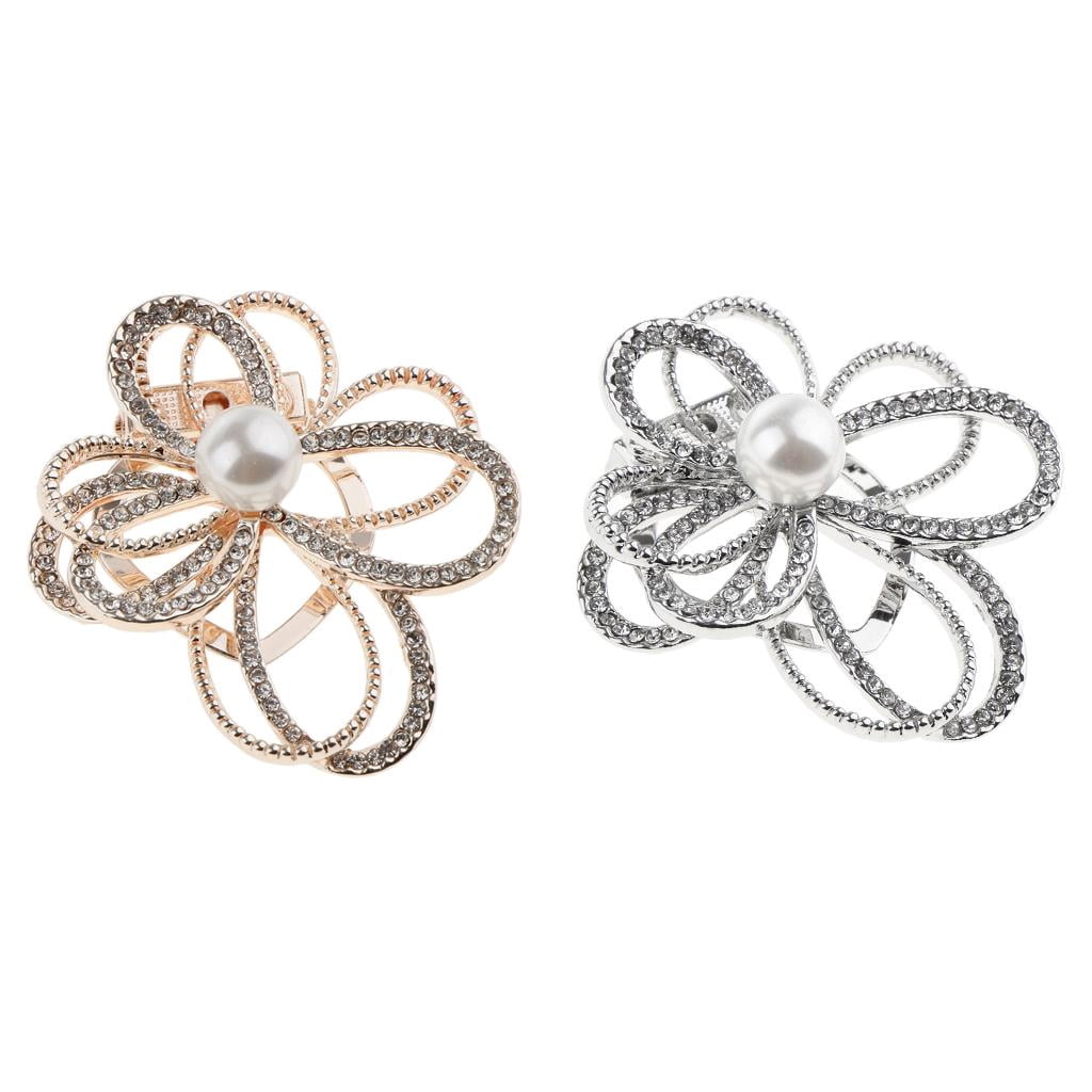 Segolike 4xCrystal Flower with Imitation Pearl Scarf Buckle Brooch 2 in 1 Gold 4 Pcs