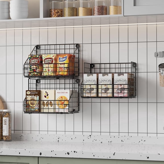 3-Tier Stackable Snack Organizer With 5 Hooks, Wall-Mounted Wire Storage Basket, Muti-Purpose for Pantry Storage & Snack Rack & Kitchen Storage(One Basket Size: 6.5 X 8.7 X 6.7 Inch)
