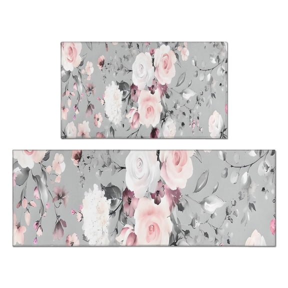 Pioneer Flower Floral Print Pattern Kitchen Rugs Sets Of 2,Anti Fatigue Kitchen Mat Rugs Non Slip Washable,Decorative Kitchen Floor Mats for Kitchen,Sink,Laundry,17"x30" 17"x47"