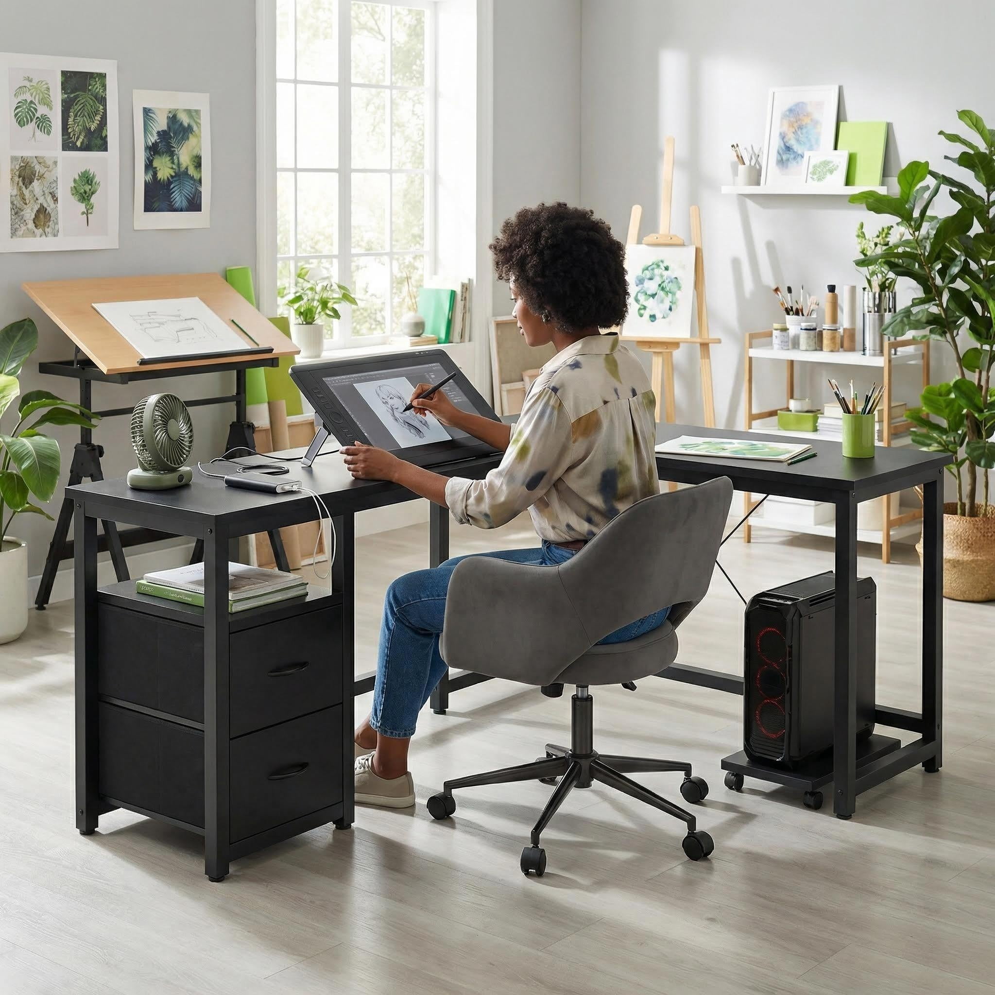 Desk, Lofka 66 Inch L Shaped Home Office Desk with 2 Drawers and Charging Station, Black