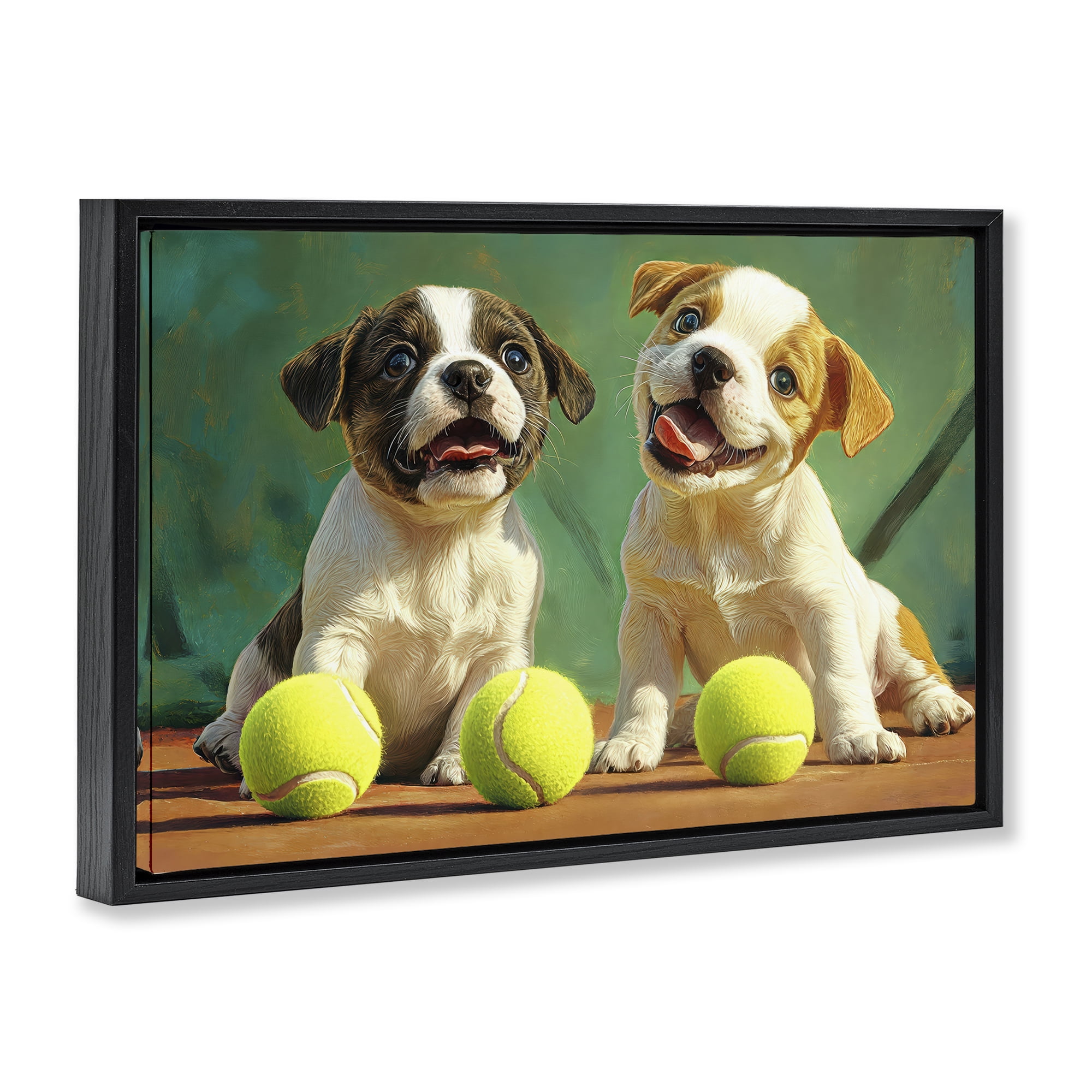 Stupell Industries Adorable Puppies with Tennis Balls Black Framed Floater Canvas Wall Art, design by Imagine It Images