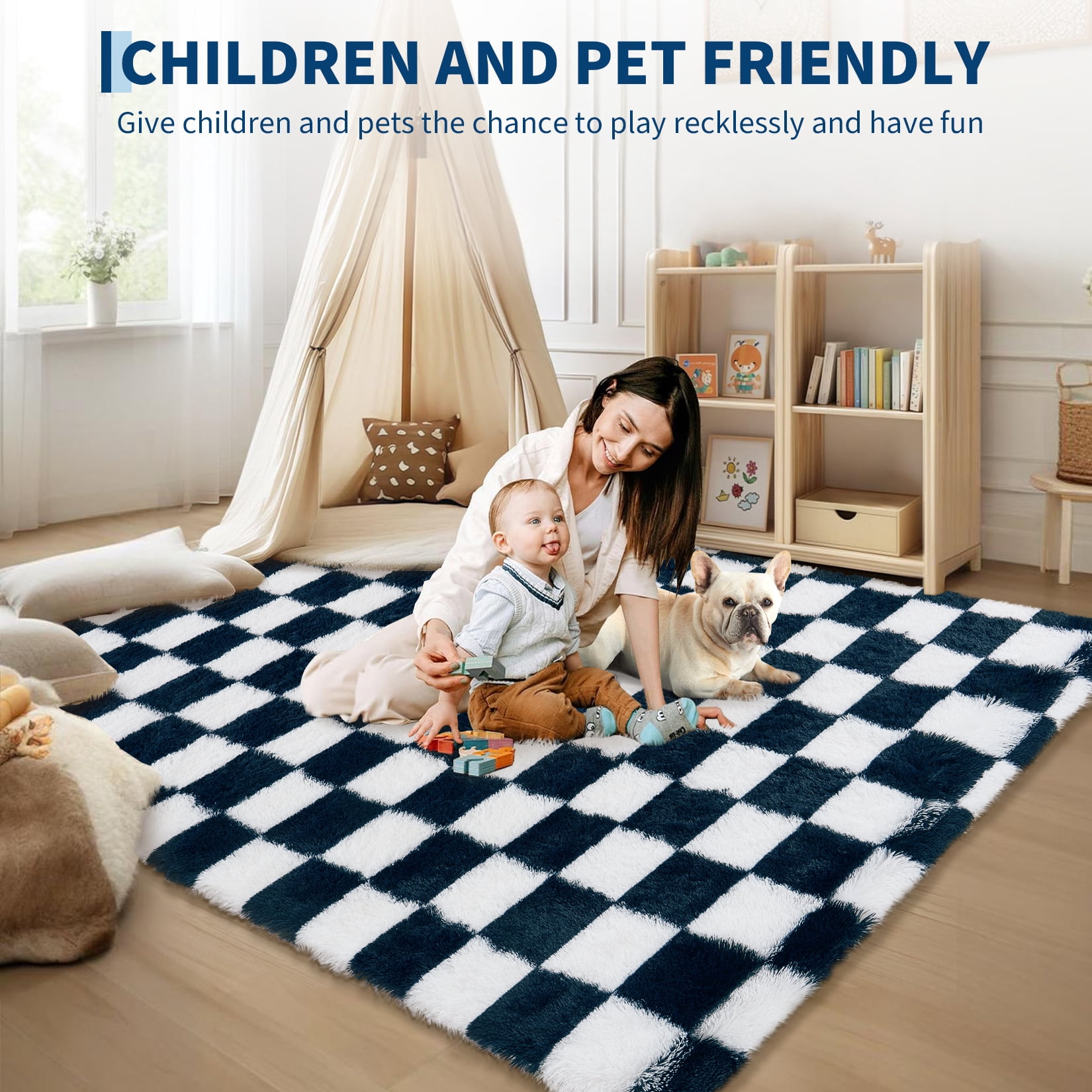 COZONY 10x13 Checkered Thick Area Rug, Extra Large Ultra Soft Plush Shag Carpet with Non-Slip Back, Navy Blue