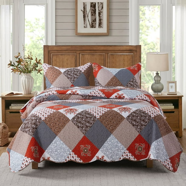Travan Juego de edredón con estampado floral de 3 piezas, colcha tamaño Queen súper suave y ligera con fundas, juego de cama acolchado reversible, color rojo Queen