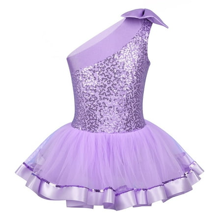

Alvivi Kids Girls One Shoulder Sequins Ballet Dance Gymnastics Leotard Tutu Dress 3-8