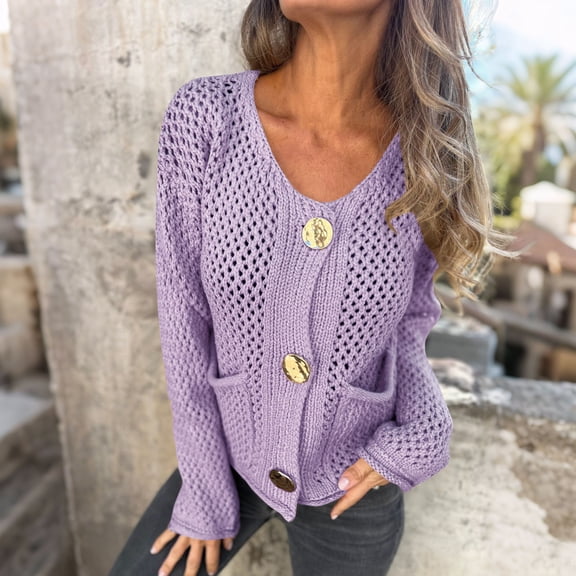 Womens Sweater Knitted Cardigan Button Solid Color Double Pocket Round Neck Sweater Purple S Sweater for Women