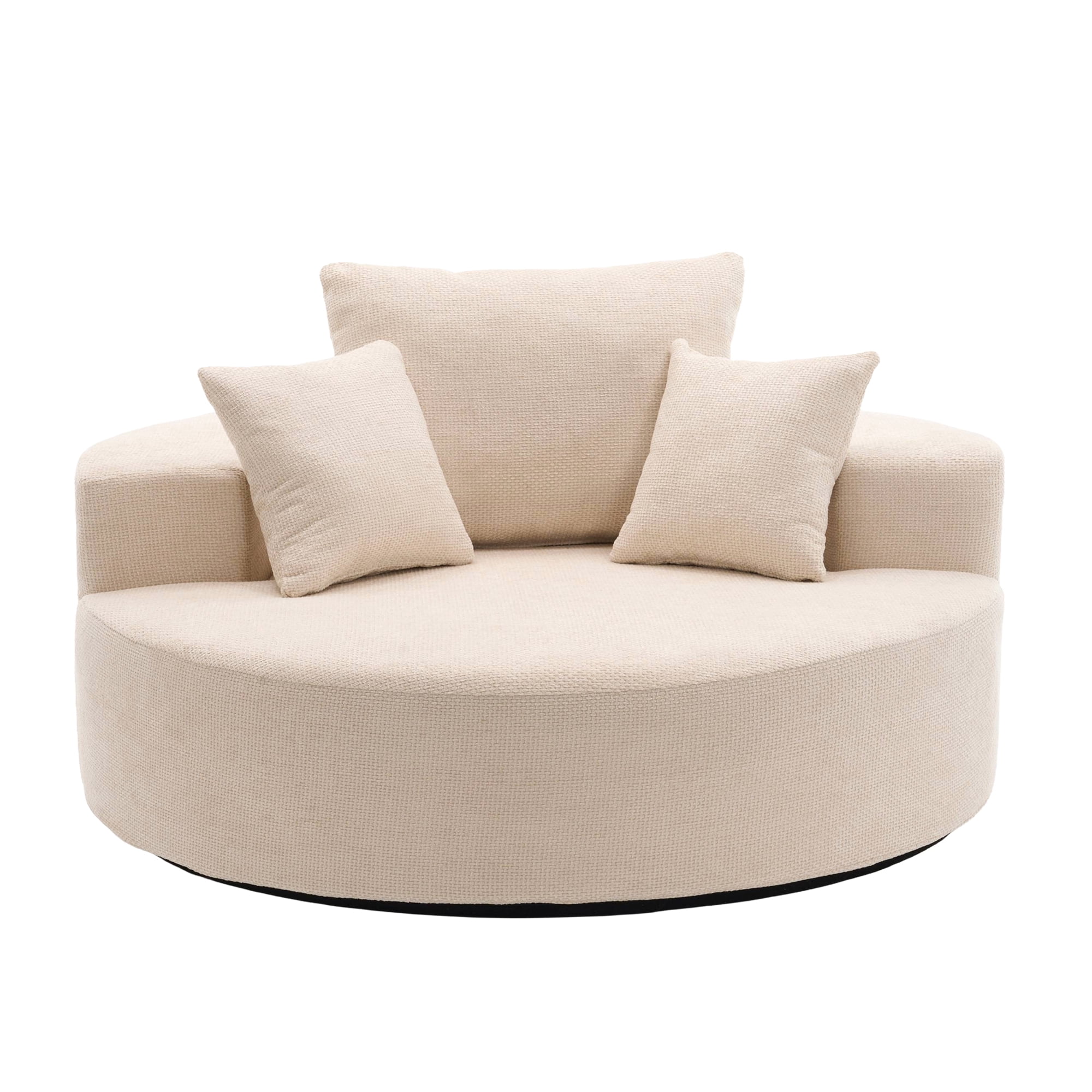Aukfa 55" Oversized Round Chaise Lounge Chair, Chenille Lounge Sofa with 3 Pillows & Wide Armrests,Beige
