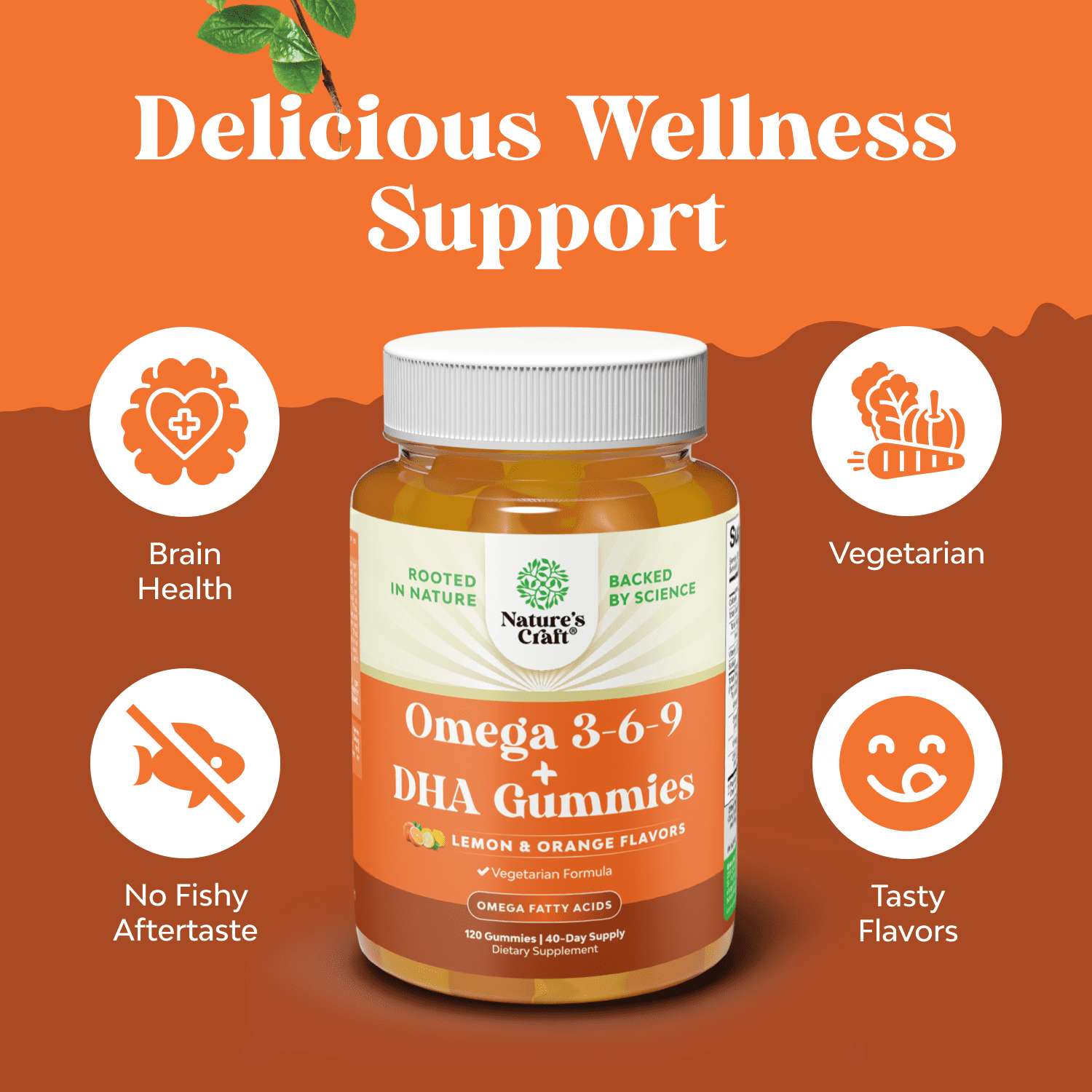 Natures Craft Omega 3 Gummies Plant-Based 3 6 9 DHA – Lemon & Orange Flavors, 120 Count