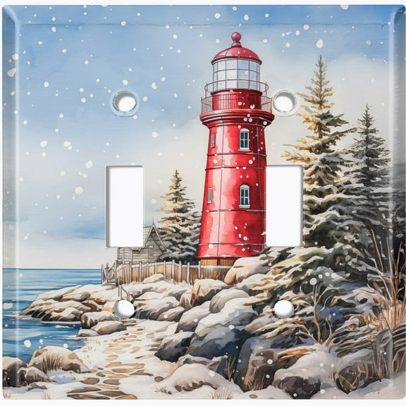 Metal Light Switch Wall Plate Outlet Cover (Printed Image of Lighthouse with Snow - Double Toggle)