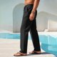 thumbnail image 3 of Pantalones de Cintura Elástica de Verano de Color Sólido Botón Cordón Pierna Recta, Pantalones de Pierna Recta Hombres Bolsillo Casual Salón, 3 of 7