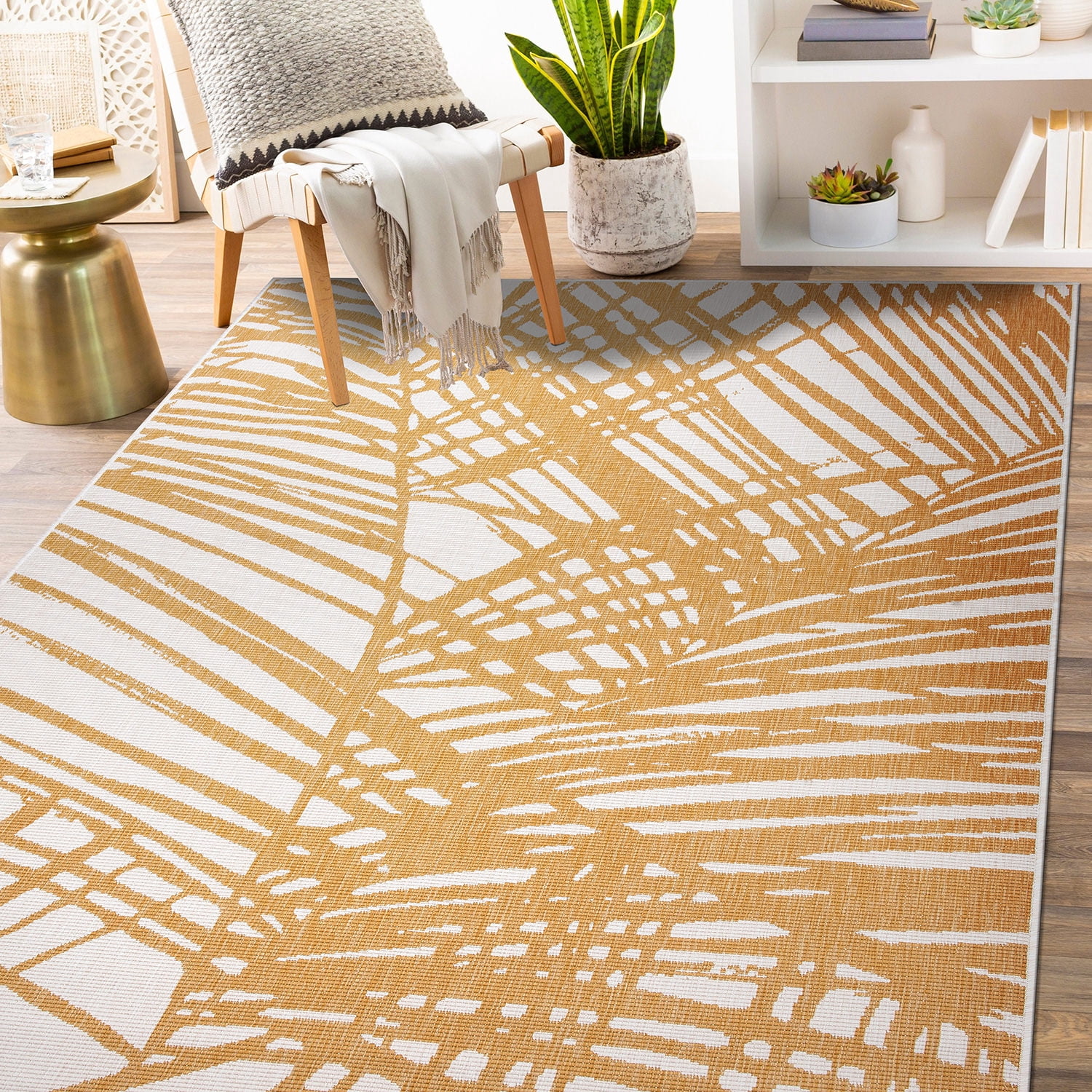 World Rug Gallery Contemporary Nature Inspired Tropical Leaves Reversible Indoor/Outdoor Area Rug - Yellow 5'x7'