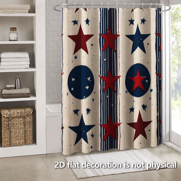 Hoease Vintage Red White Blue Star Stripe Shower Curtain, 71W x 71L Inch Waterproof Fabric Bathroom Curtain with 12 Hooks, Patriotic Retro Star Striped Bath Decor